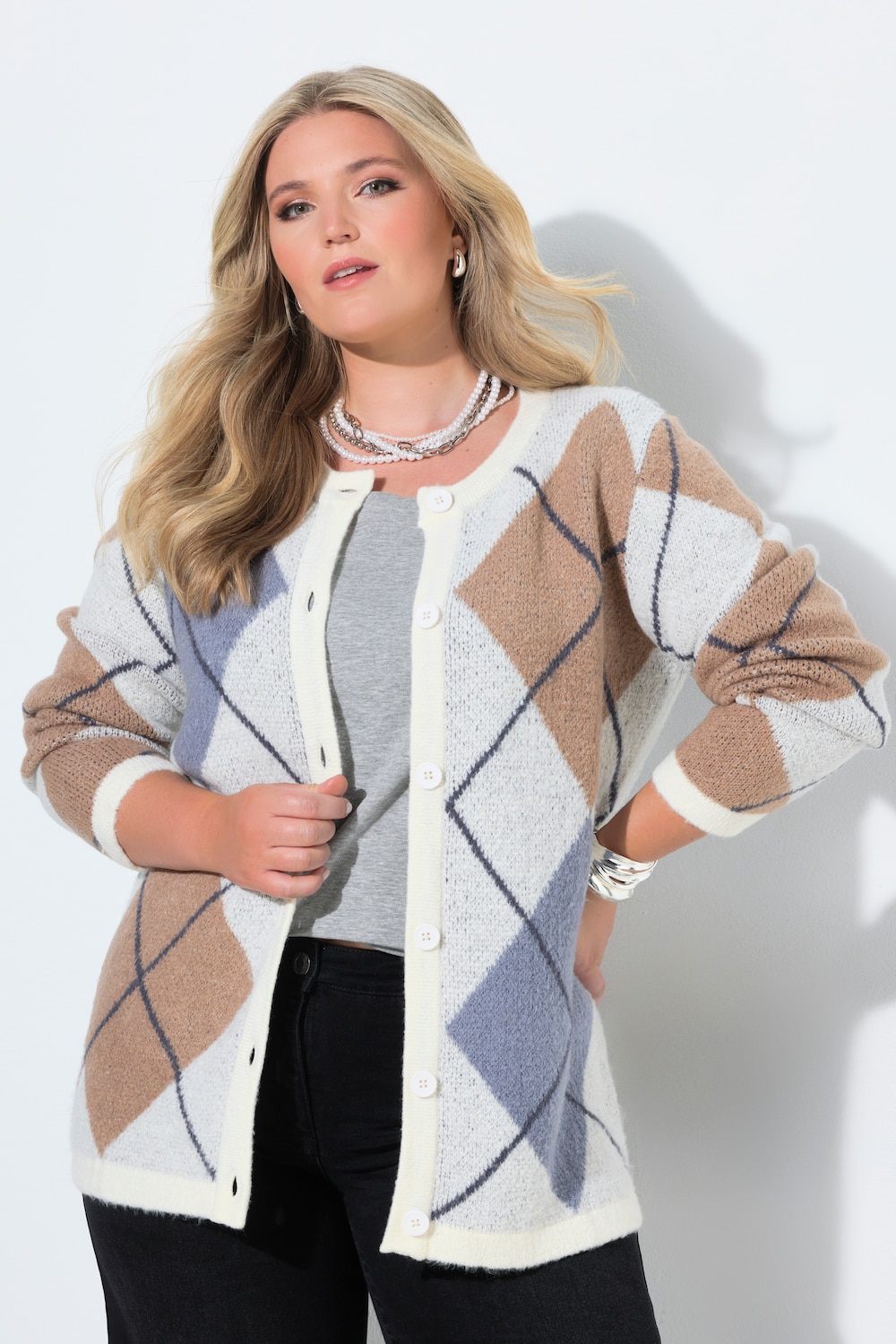 Strickjacke, Straight Fit, Argyle-Rhomben