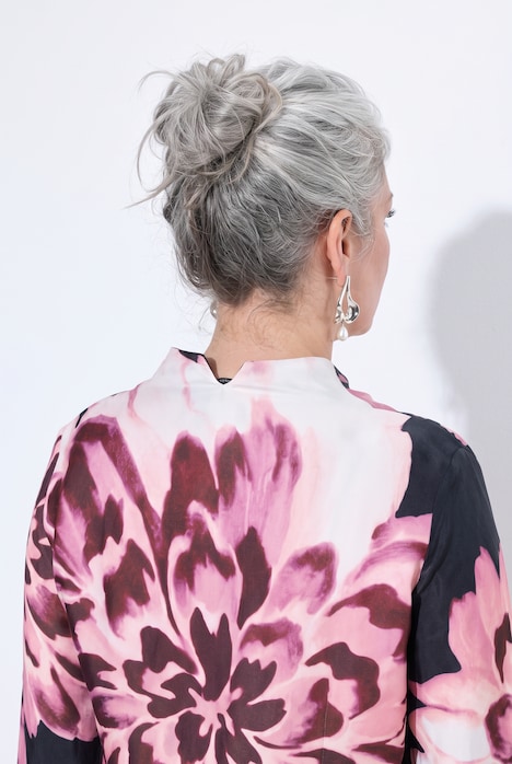 Satijnen blouse, bloemen, A-lijn, gobletkraag, 3/4-mouwen