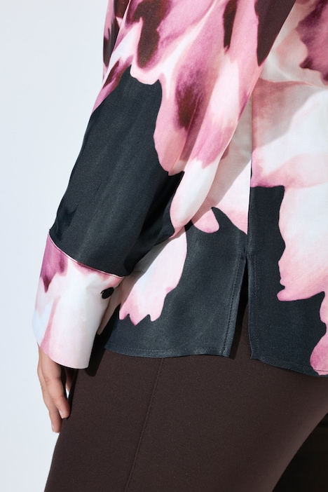 Satijnen blouse, bloemen, A-lijn, gobletkraag, 3/4-mouwen
