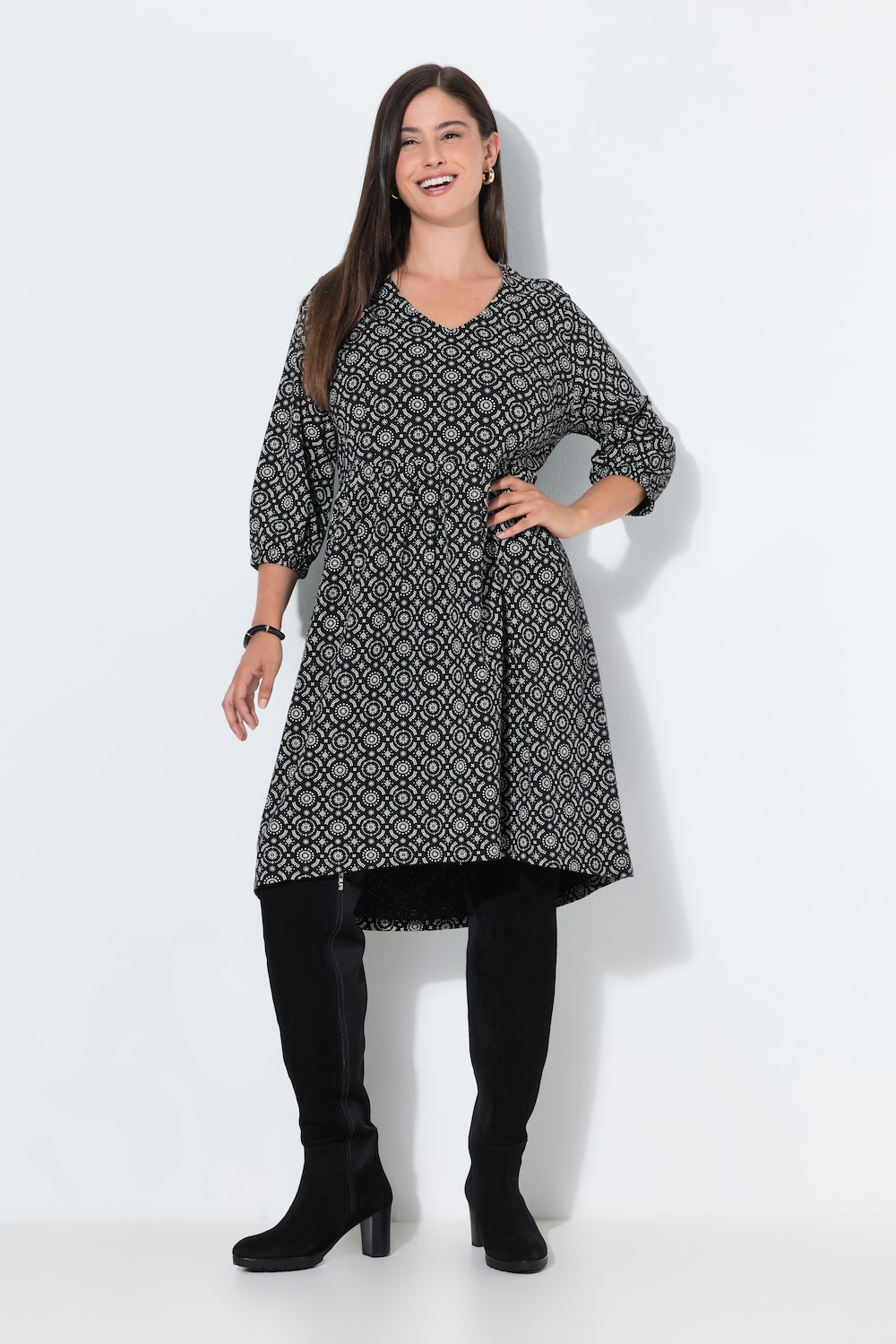 Kleid, bedruckt, A-Linie, V-Ausschnitt, 3/4-Arm