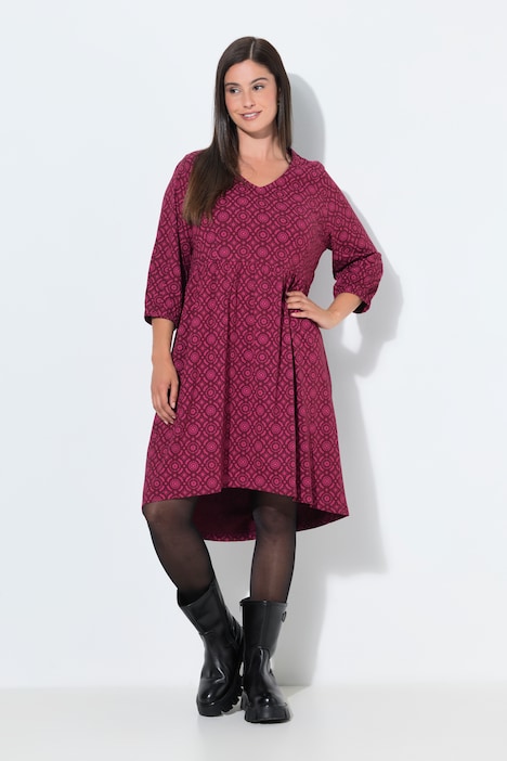 Kleid, bedruckt, A-Linie, V-Ausschnitt, 3/4-Arm