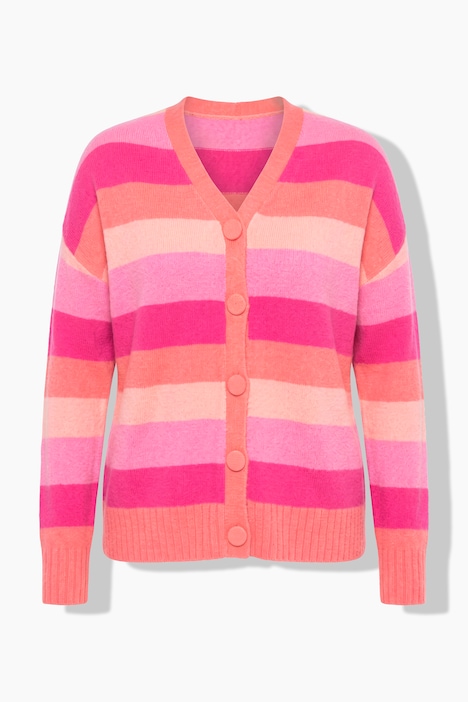 Strickjacke, Loose Fit, Blockstreifen, V-Ausschnitt