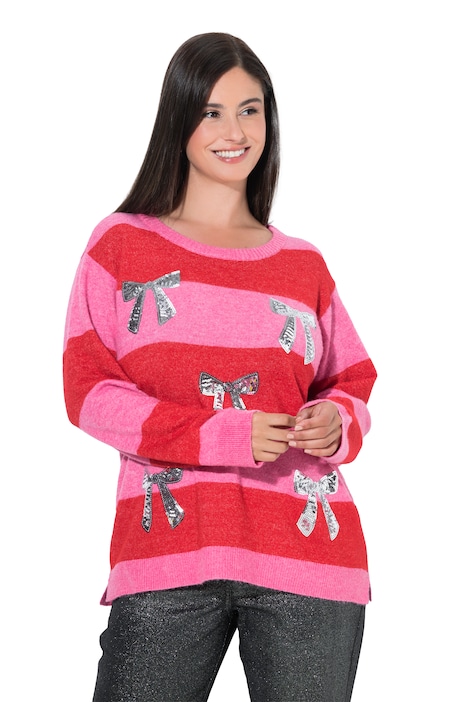 Pullover, Blockstreifen, Schleifen-Pailletten, Langarm