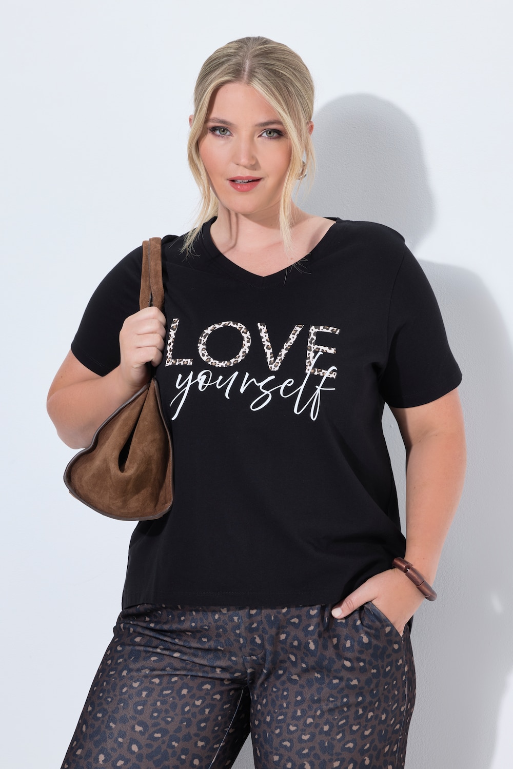 T-shirt, A-lijn, luipaardopschrift, korte mouwen