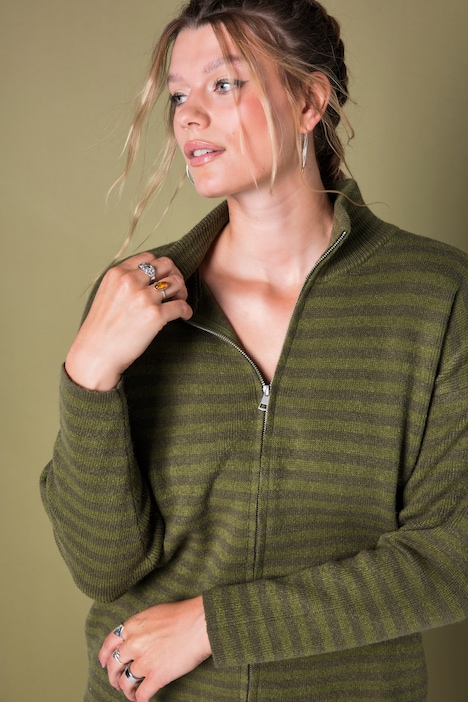Strickjacke, oversized, Ringelstrick, Troyerkragen