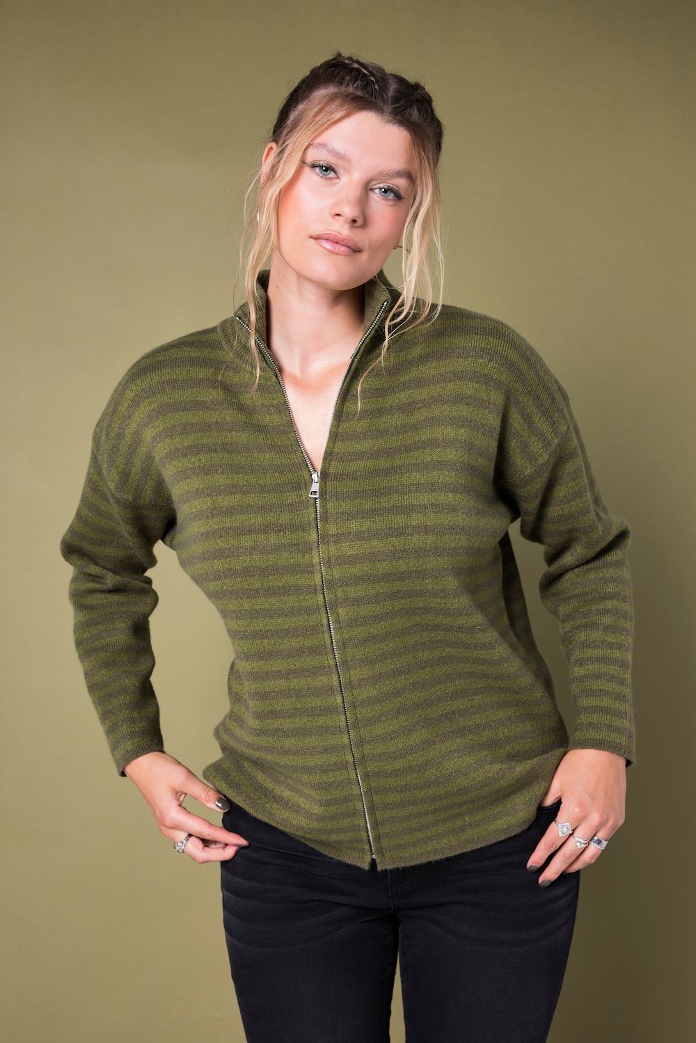 Strickjacke, oversized, Ringelstrick, Troyerkragen