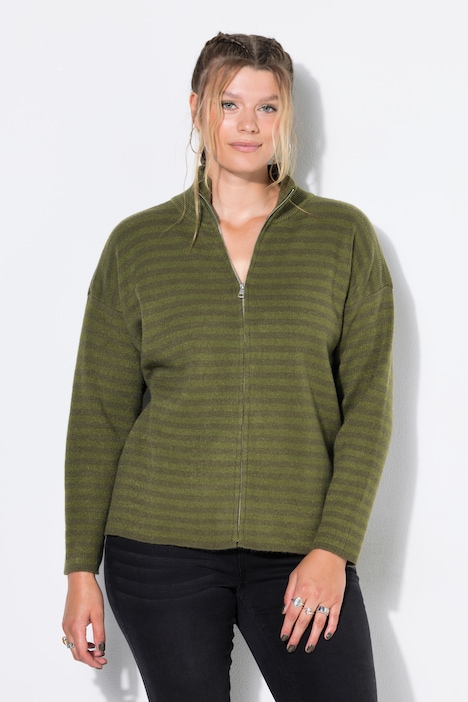 Strickjacke, oversized, Ringelstrick, Troyerkragen