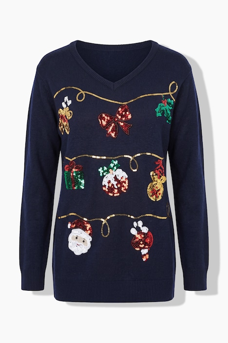 Weihnachts-Pullover, Girlanden, V-Ausschnitt, Langarm