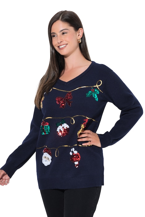 Weihnachts-Pullover, Girlanden, V-Ausschnitt, Langarm