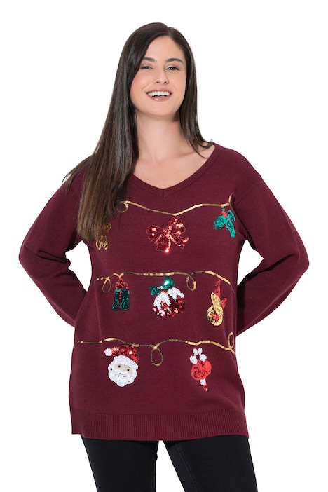 Weihnachts-Pullover, Girlanden, V-Ausschnitt, Langarm