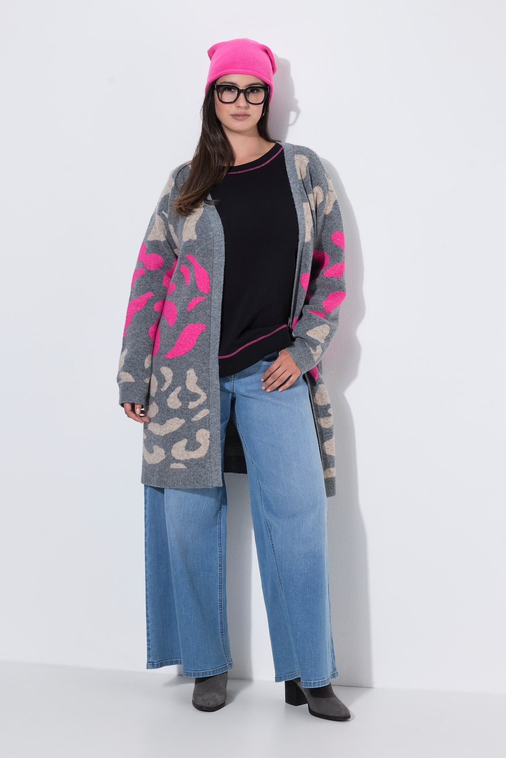 Long-Strickjacke, Leo-Musterstreifen, Langarm