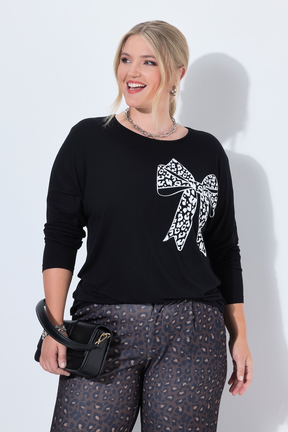 T-shirt met lange mouwen, comfortabele pasvorm, strikmotief, vleermuismouwen