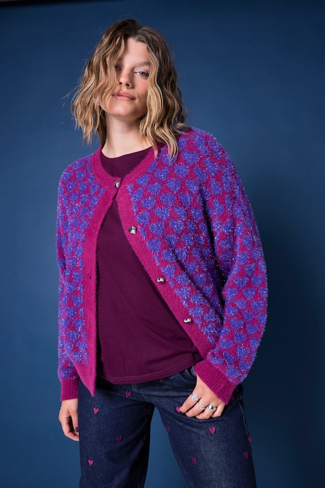 Strickjacke, oversized, Hearts-Muster, Glitzereffekt
