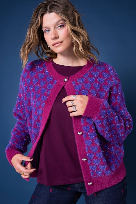Strickjacke, oversized, Hearts-Muster, Glitzereffekt