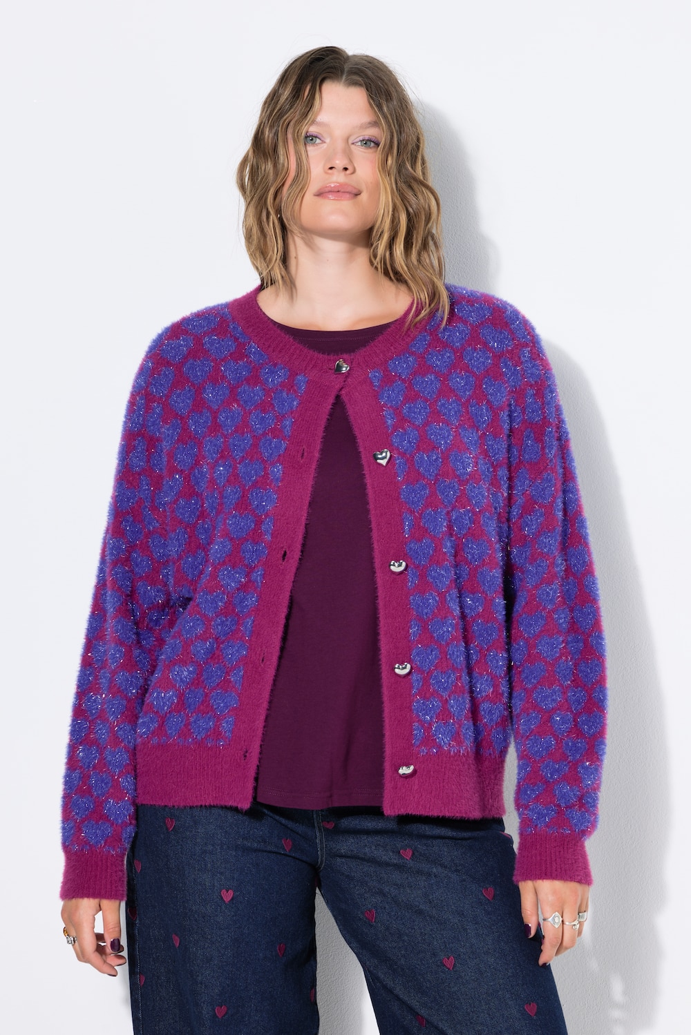 Strickjacke, oversized, Hearts-Muster, Glitzereffekt