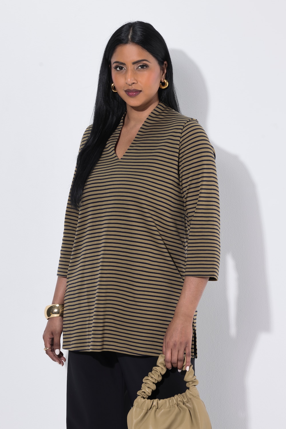 Shirt, Ringel, Kelchkragen, 3/4-Arm, Pima Cotton