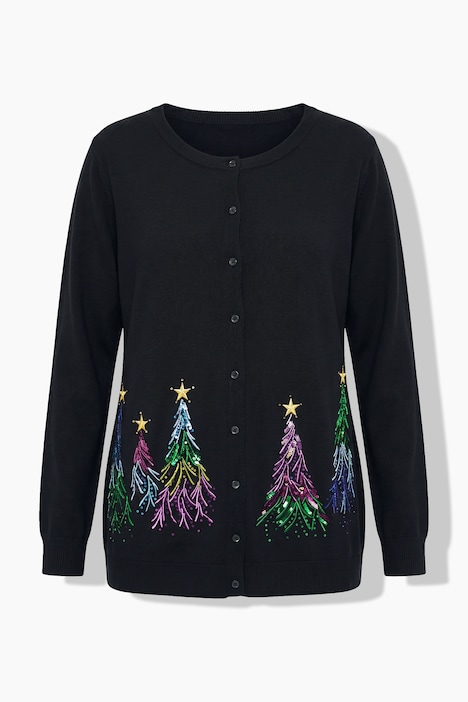 Weihnachts-Strickjacke, Tannenbäume, Rundhals, Langarm