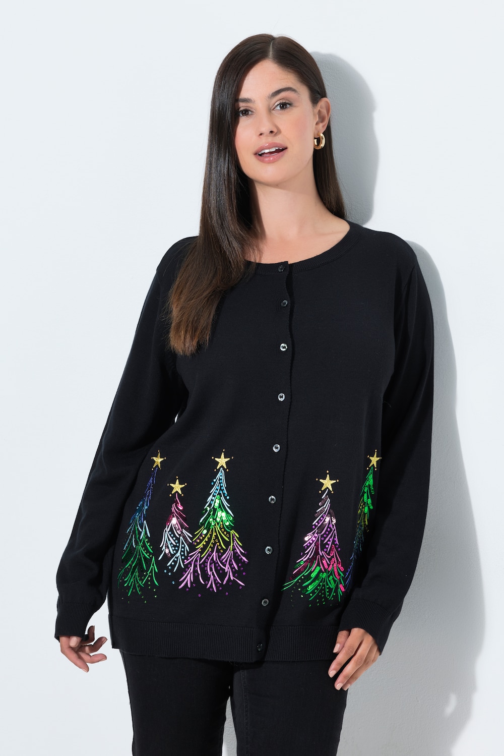 Weihnachts-Strickjacke, Tannenbäume, Rundhals, Langarm