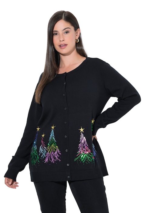 Weihnachts-Strickjacke, Tannenbäume, Rundhals, Langarm
