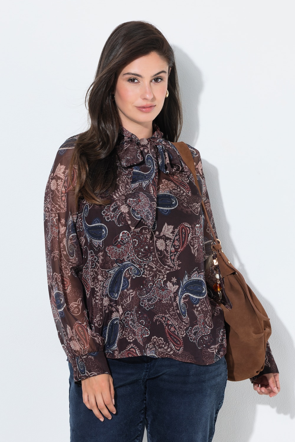 Chiffonbluse, Stehkragen, Schluppe, Langarm