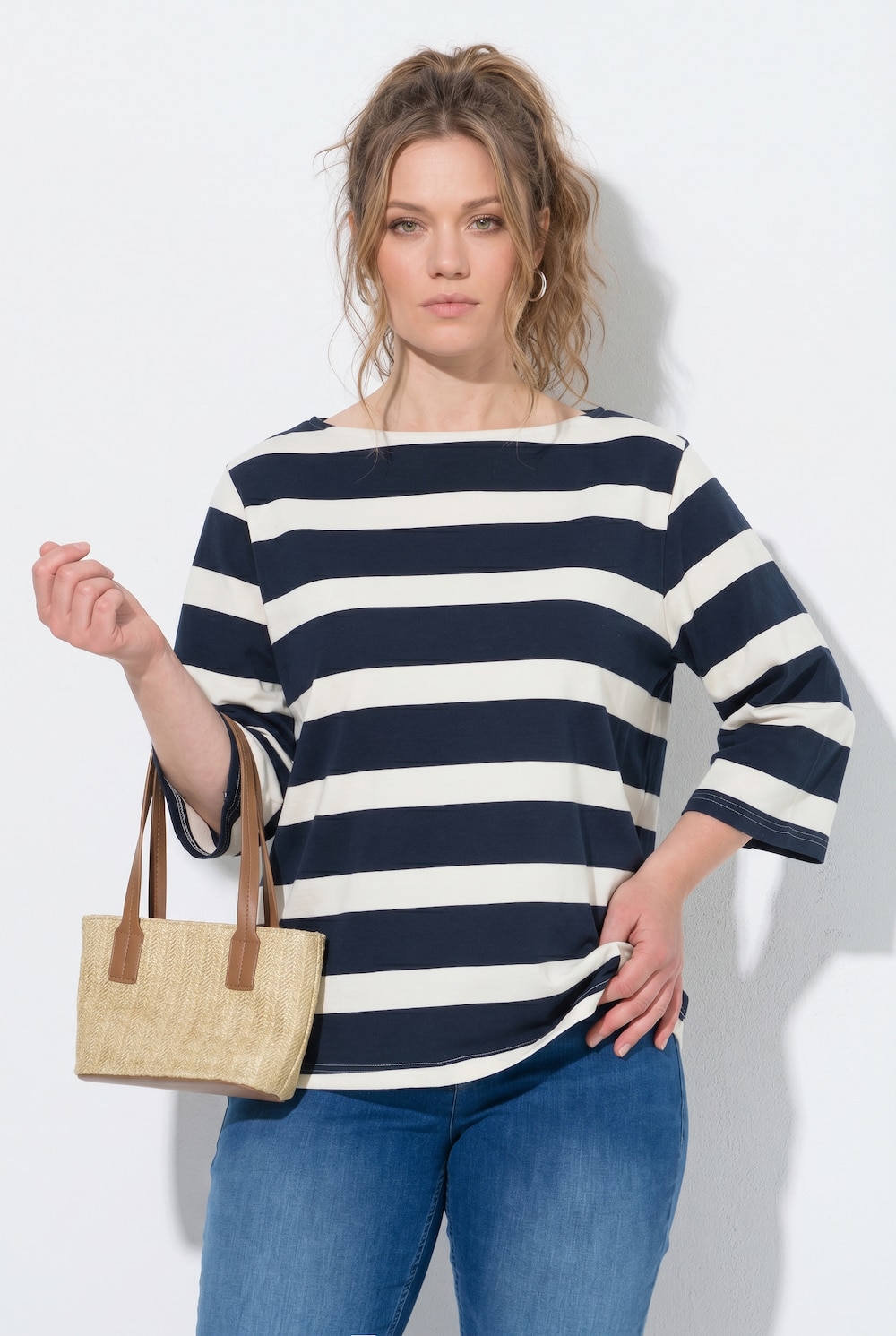 Sweatshirt, Ringel, U-Boot-Ausschnitt, 3/4-Arm