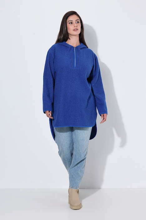 Sweat-shirt long en polaire bouclée, capuche, fermeture à glissière et manches longues