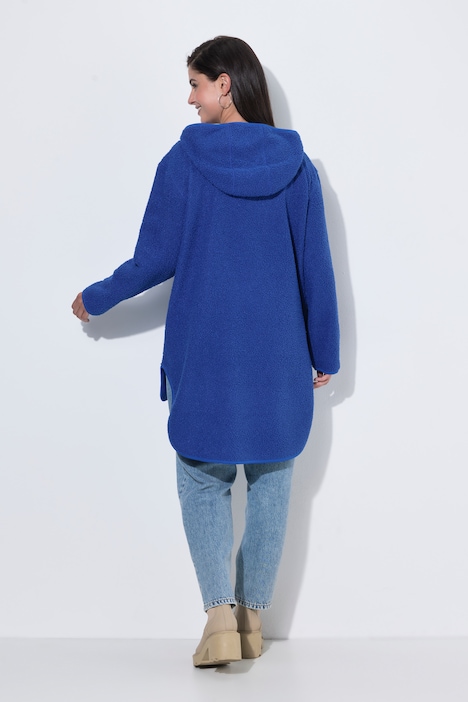 Sweat-shirt long en polaire bouclée, capuche, fermeture à glissière et manches longues