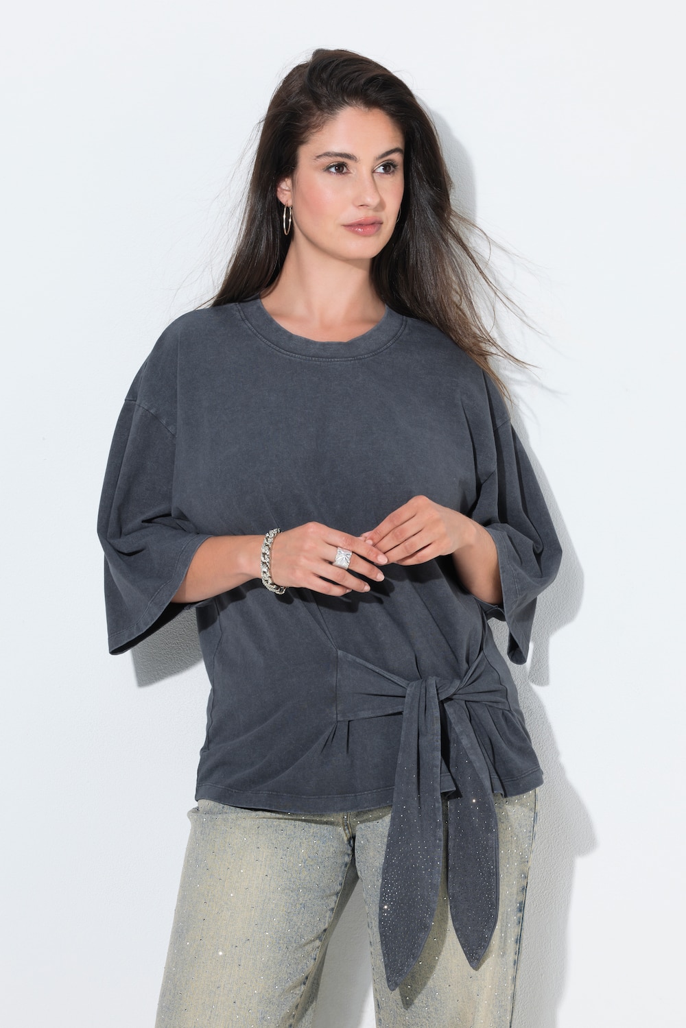 T-Shirt, Ziersteine, Saumband, Rundhals, Halbarm