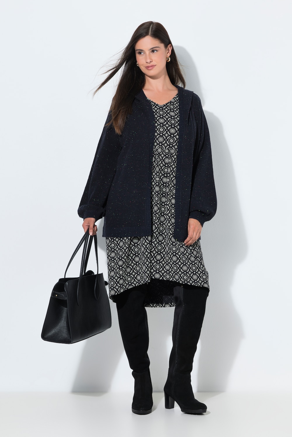 Strickjacke, meliert, Kapuze, Ballon-Langarm