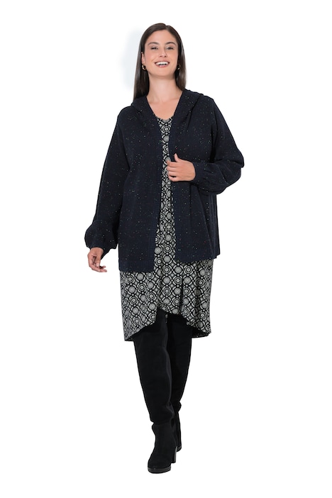 Strickjacke, meliert, Kapuze, Ballon-Langarm