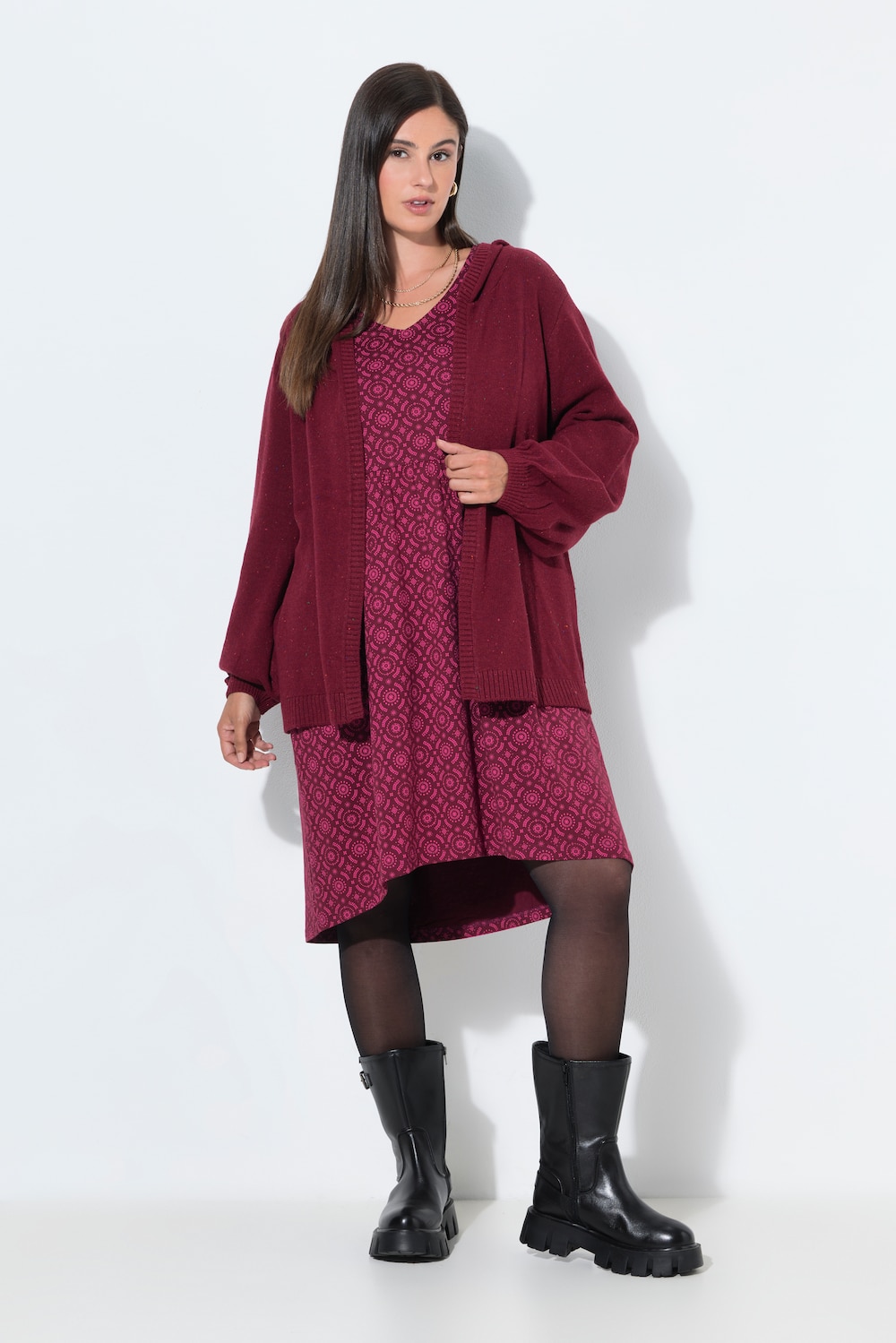 Strickjacke, meliert, Kapuze, Ballon-Langarm