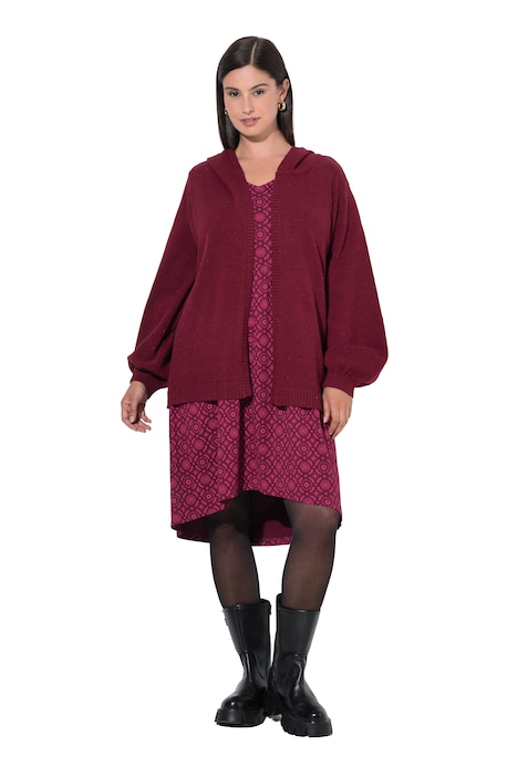 Strickjacke, meliert, Kapuze, Ballon-Langarm