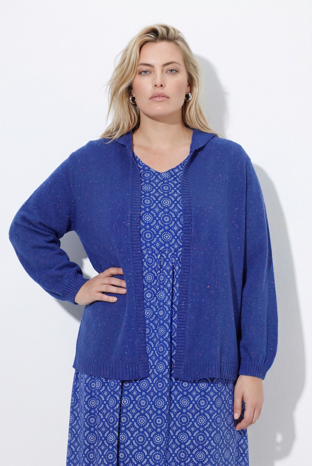 Strickjacke, meliert, Kapuze, Ballon-Langarm