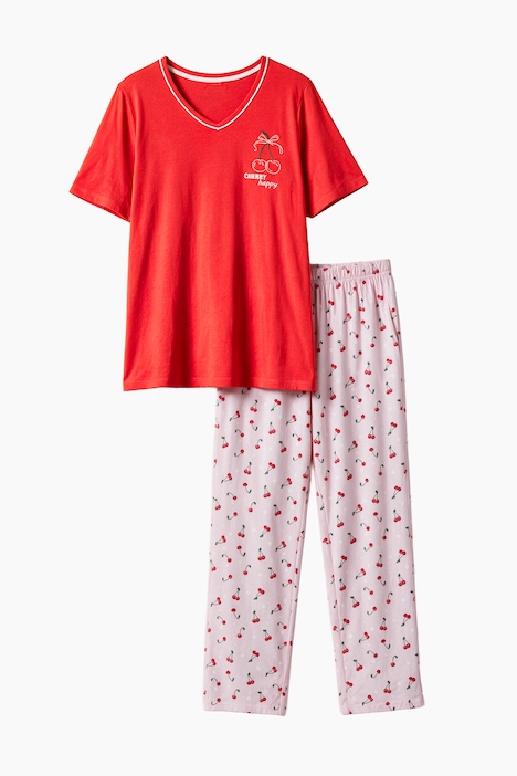 Pyjama, Zweiteiler, uni Shirt, Hose mit Kirsch-Muster