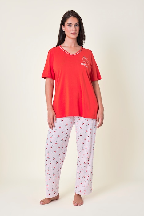 Pyjama, Zweiteiler, uni Shirt, Hose mit Kirsch-Muster