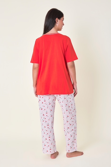 Pyjama, Zweiteiler, uni Shirt, Hose mit Kirsch-Muster