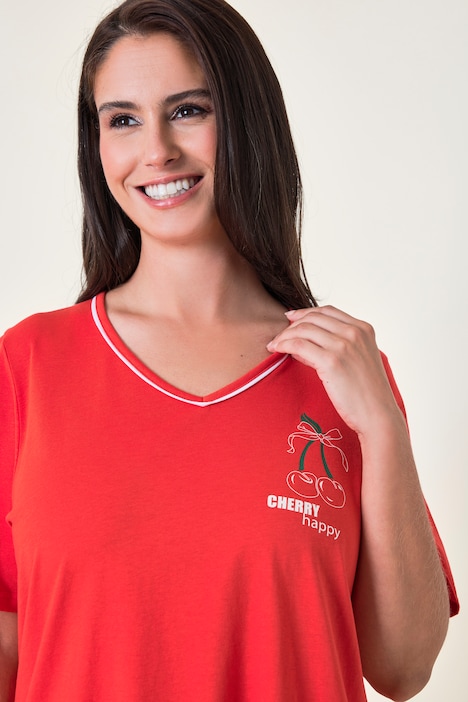 Pyjama, Zweiteiler, uni Shirt, Hose mit Kirsch-Muster