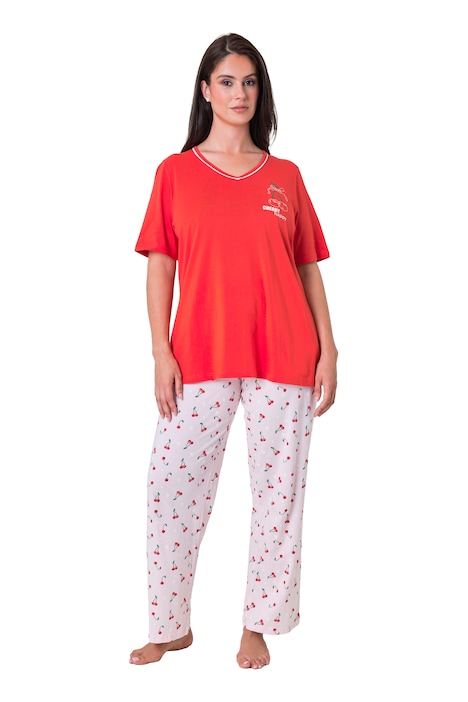 Pyjama, Zweiteiler, uni Shirt, Hose mit Kirsch-Muster