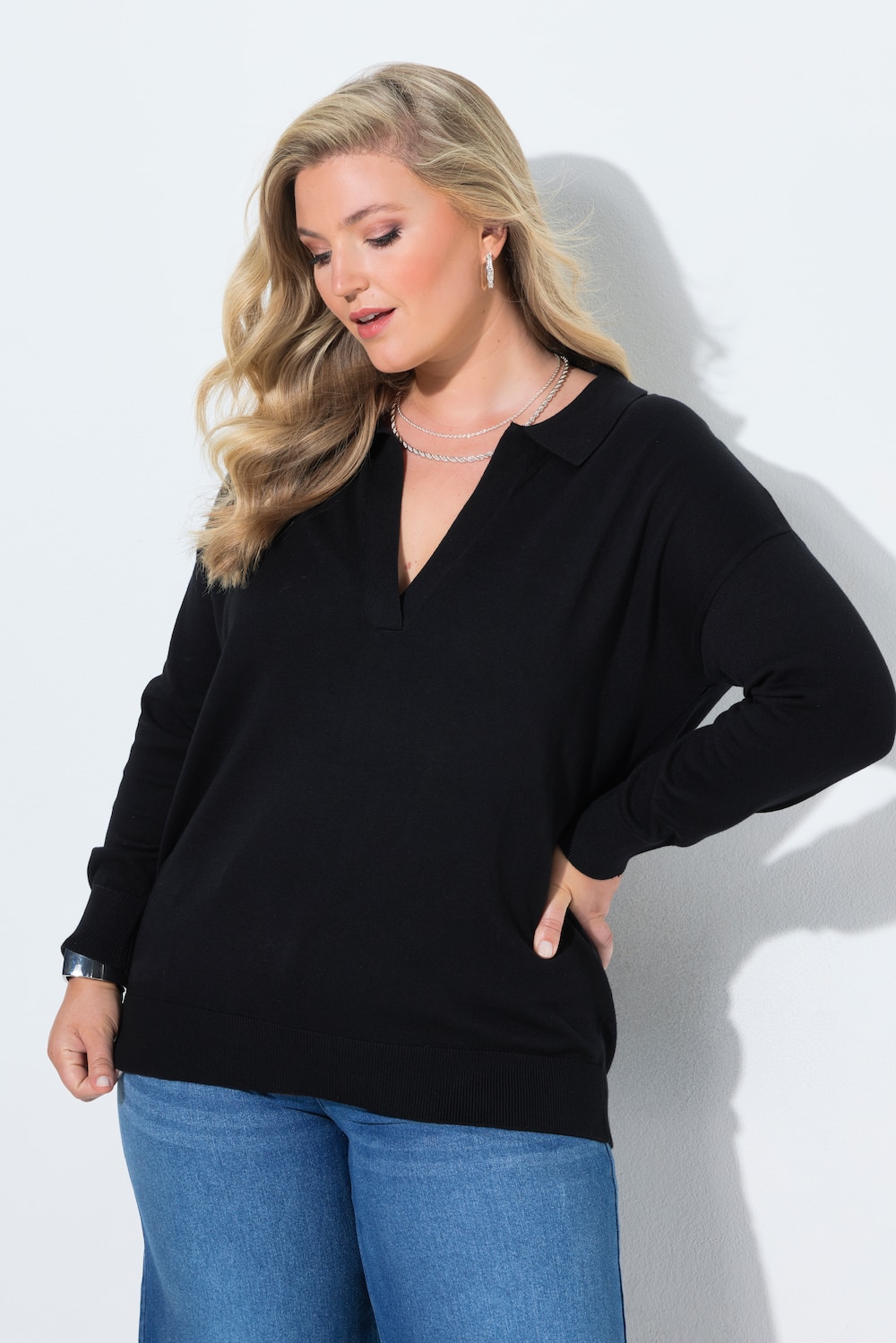 Polo-Pullover, Loose Fit, Polokragen mit V-Ausschnitt