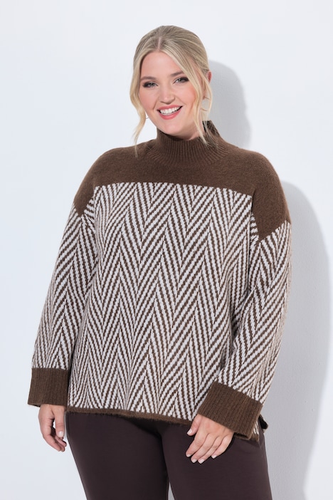 Pullover, Boxy Loose Fit, Zackenmuster, Stehkragen