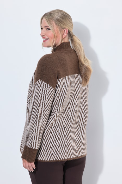 Pullover, Boxy Loose Fit, Zackenmuster, Stehkragen
