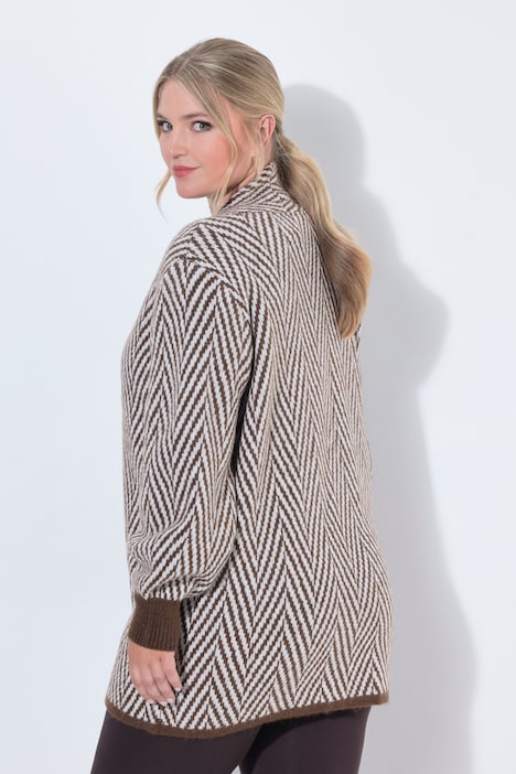 Long-Strickjacke, Straight Fit, offene Jacke, Zackenmuster