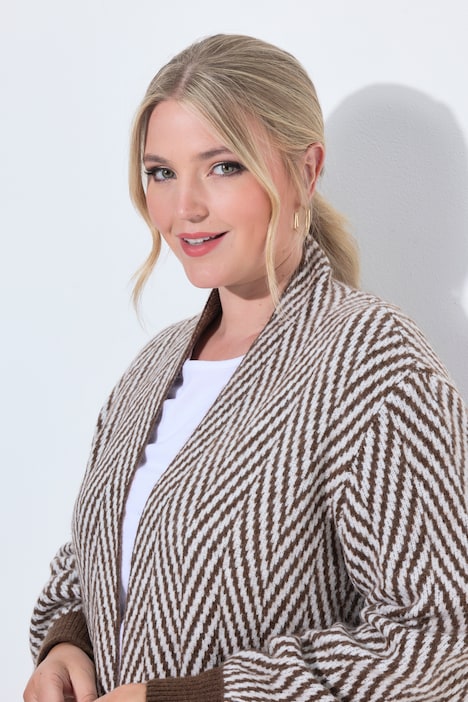 Long-Strickjacke, Straight Fit, offene Jacke, Zackenmuster