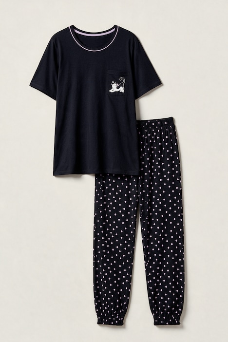 Pyjama, Zweiteiler, Katze, gepunktete Hose