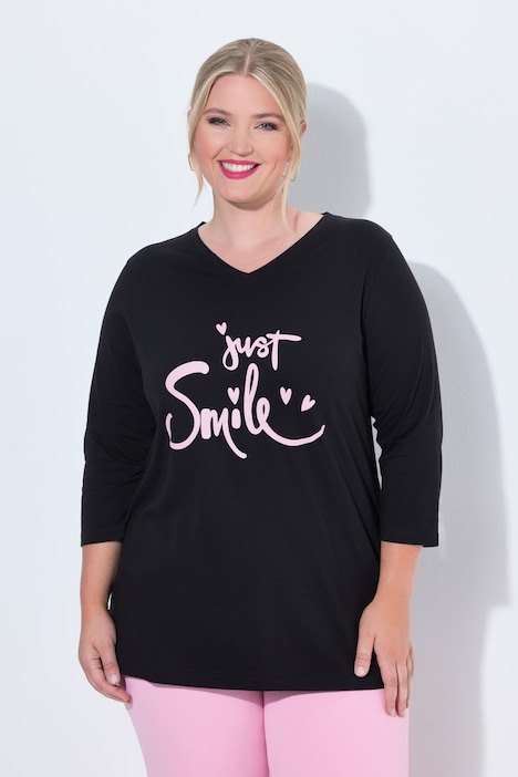 T-Shirt, Komfort Fit, Smiley-Schriftzug, 3/4-Ärmel