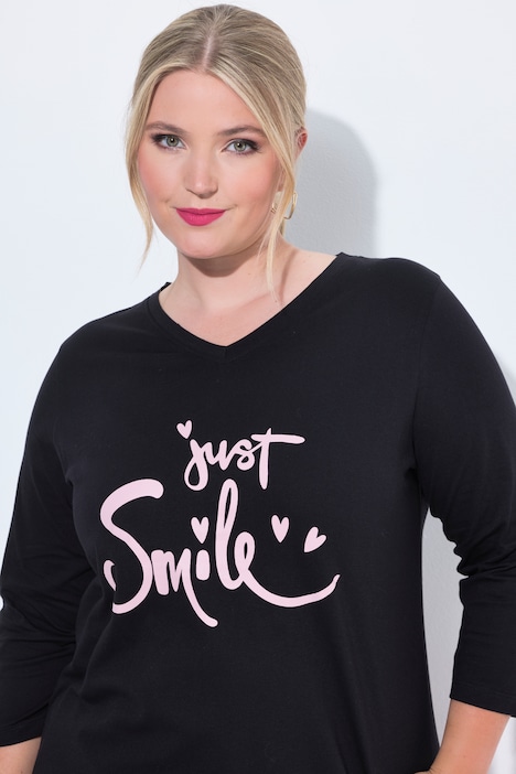 T-Shirt, Komfort Fit, Smiley-Schriftzug, 3/4-Ärmel