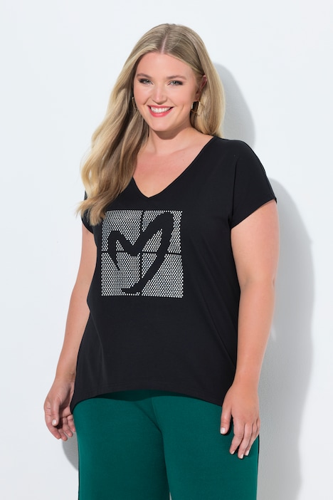 T-Shirt, A-Linie, Glitzer-Herz, Saum hinten länger