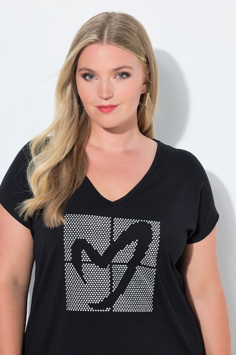 T-Shirt, A-Linie, Glitzer-Herz, Saum hinten länger
