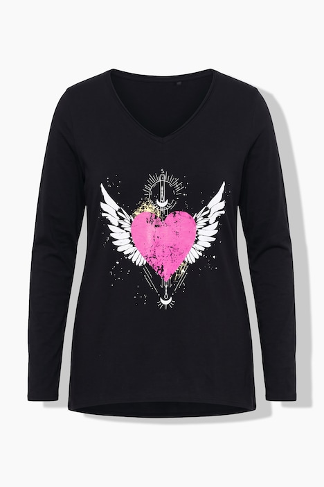 Longsleeve, A-Linie, Herz-Motiv, offenkantige Abschlüsse