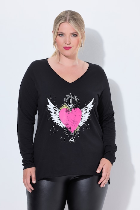 Longsleeve, A-Linie, Herz-Motiv, offenkantige Abschlüsse